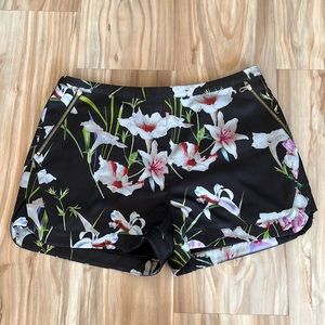 Black floral shorts, structured with zip back, spring